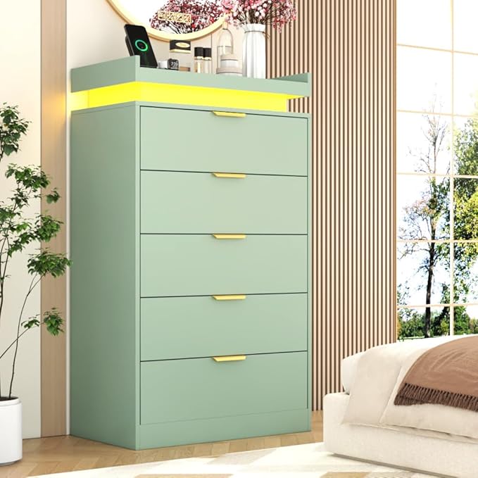 Tall Dresser for Bedroom, Dresser with LED Lights, Wood 5 Drawer Chest with Power Outlet, Modern Chest of Drawers for Bedroom, Living Room, Entryway, Hallway, Green