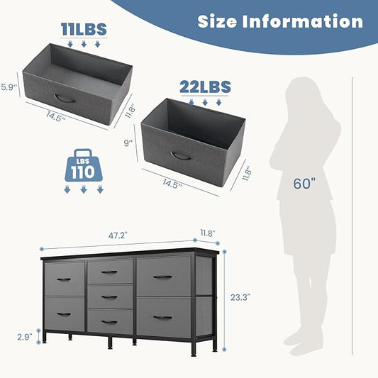 DUMOS TV Stand 7 Drawer Dresser for Bedroom with Storage TV Stands for Living Room Grey, Farmhouse Entertainment Center Media Console Table with Metal Frame Adjustable Feet