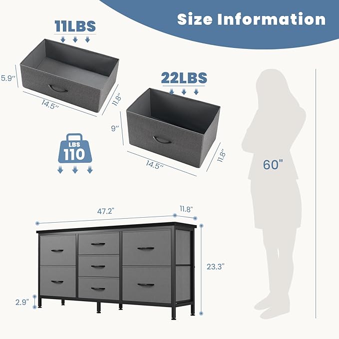 DUMOS TV Stand for Bedroom with Storage TV Stands for Living Room Grey, 7 Drawer Farmhouse Entertainment Center Media Console Table with Metal Frame Adjustable Feet