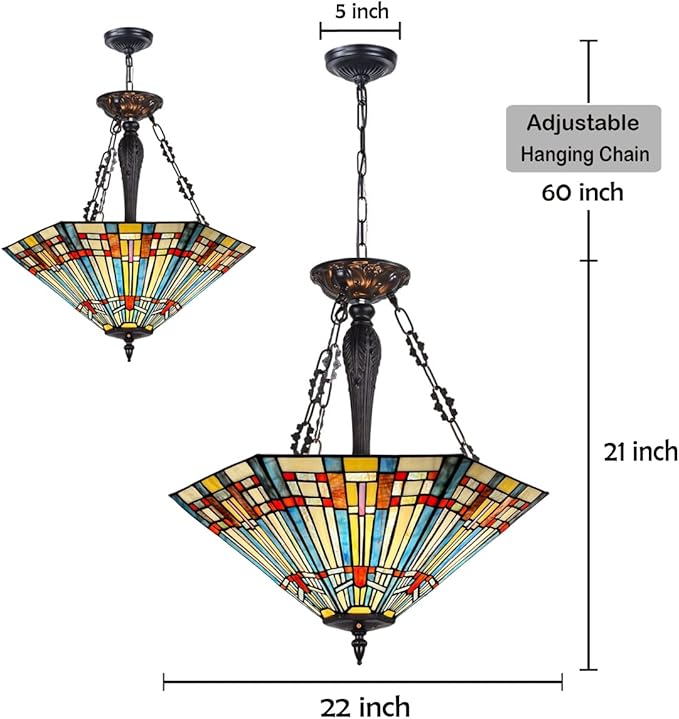 Tiffany Pendant Light Fixtures,22" Wide Stained Glass Inverted Ceiling Pendant for Dining Room,Antique Style 3 Lights Hanging Lamp for Living Room Kitchen Entryway