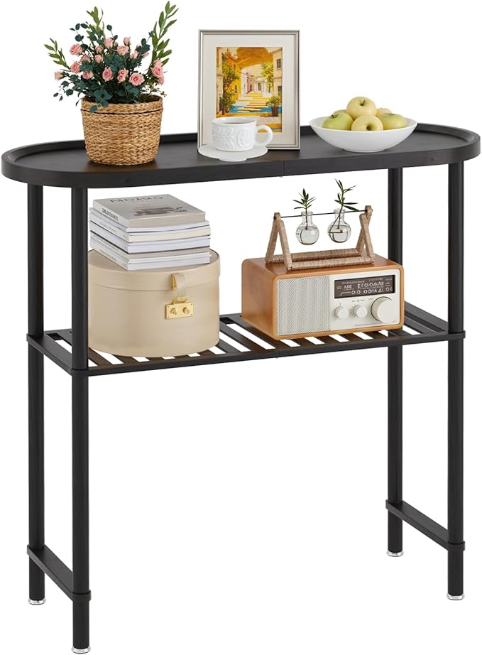 Narrow Hallway Table for Entryway, Small Console Table Black 30.7", Bamboo Plant Stand Indoor Outdoor 2-tier, Small TV Stand for Bedroom with Anti-fall Edge, Sofa Side Table 5min Easy Assembly