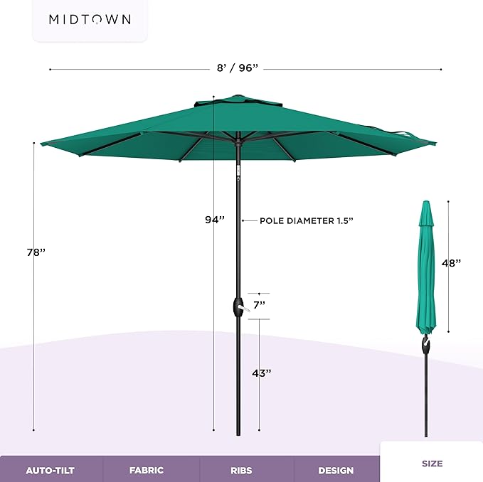 Midtown Umbrellas - The Lean 8 Ft Patio Umbrella with Fade-Resistant Sunbrella Fabric, Auto-Tilt Aluminum Frame and 8 Reinforced Ribs for Deck, Pool & Garden - Canvas Teal Canopy, Black Pole