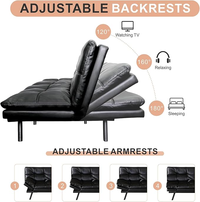 Opoiar Futon Sofa Bed, Memory Foam Futon, Convertible Futon Couch, Faux Leather Sofa Bed,Modern Loveseat Sofa,Comfy Sleeper Sofa for Compact Space,Apartment, Living Room,Easy Assemble,Black