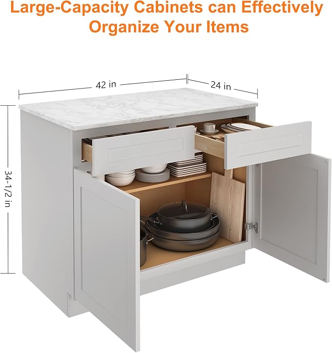 LOVMOR Kitchen Base Cabinets, Sideboard Storage Cabinet, Entryway Cabinet with 2-Drawers & Adjustable Shelf, 42" W X 24" D X 34-1/2"H (Light Gray)