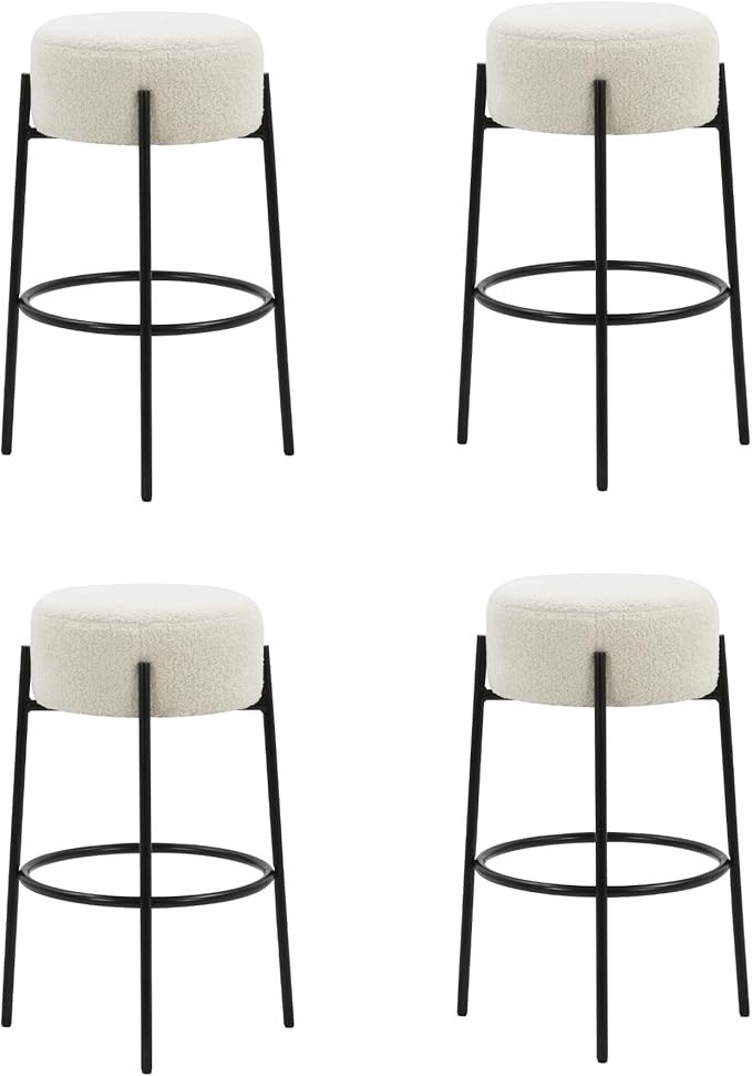 Nathan James Isaac 29" Modern Backless Bar Stool with Round Soft Padded Boucle Seat and Metal Mid-Century Base, Boucle White/Black, Set of 4
