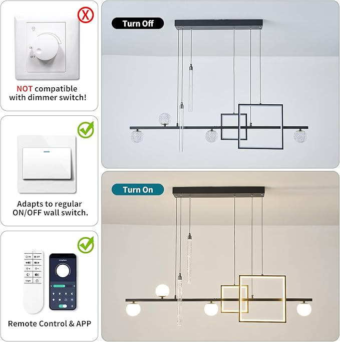 Modern LED Pendant Lights, 47in Dimmable Linear LED Chandelier Lighting, Square Black & Gold Dining Room Hanging Light Fixtures Kitchen Island Globe Pendant Light for Dining Table (4200lm)