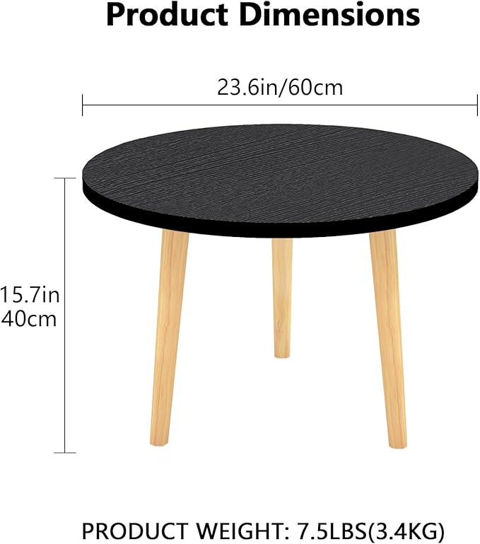 Round Coffee Table Low Table with 3 Solid Wood Sturdy Legs, Floor Table Desk for Sitting on The Floor, Storage and Living Room Furniture (Black)