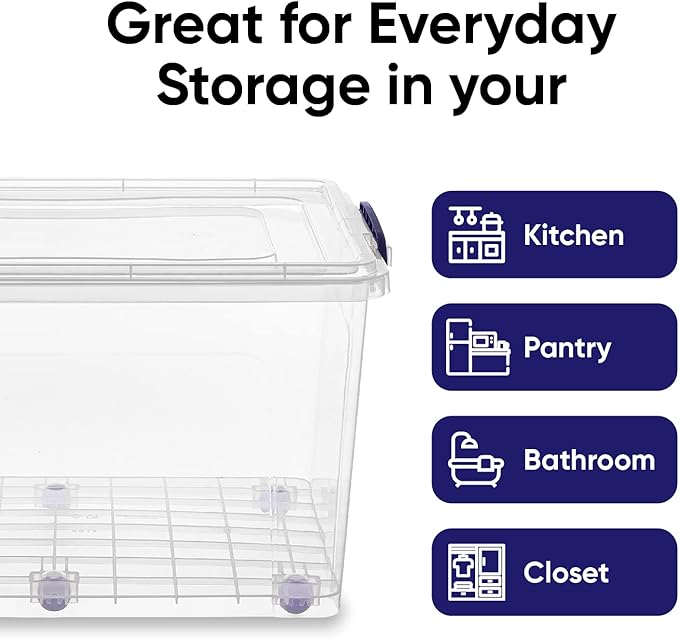 Superio 44 Qt Clear Plastic Storage Bin with Lid and Wheels, Non-Toxic, BPA Free, Odor Free, Organizer Storage Box, Stackable Plastic Tote for Home, Garage, Closet