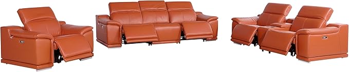 BlackJack Furniture Venice Top Grain Italian Leather Recliner 7 Seater 5 Power Reclining 3 Piece Sofa Set with Adjustable Headrests Modern Seating Sofa, Loveseat and Chair for Living Room , Camel