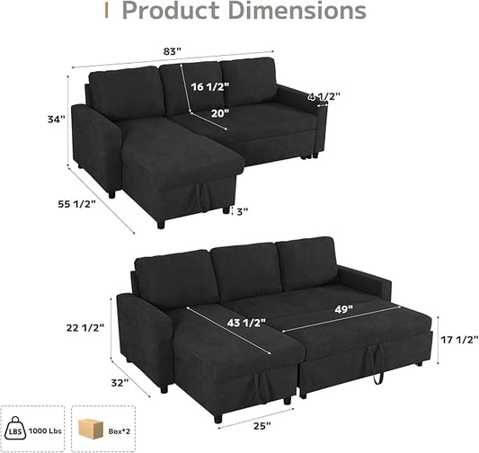Yafylly L-Shaped Sleeper Sofa with Chaise Lounge & Storage, Pull-Out Couch Bed with Recliner, Full Size Futon for Living Room, Office, Apartment Black