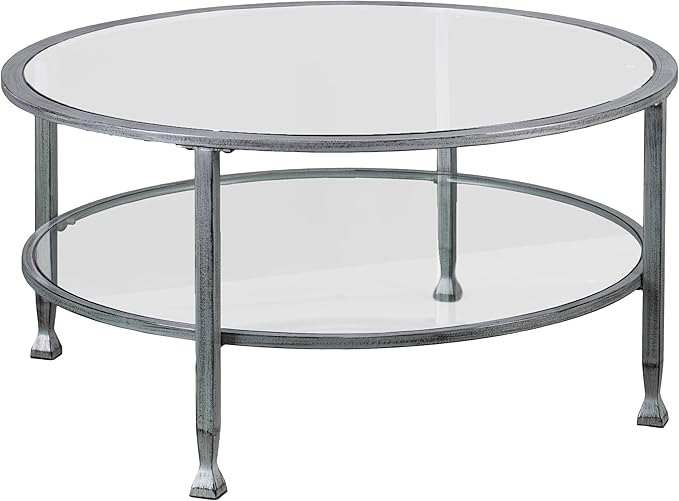 SEI Furniture Jaymes Metal & Glass 36" Round 2-Tier Coffee Table, Silver/Black Distressing