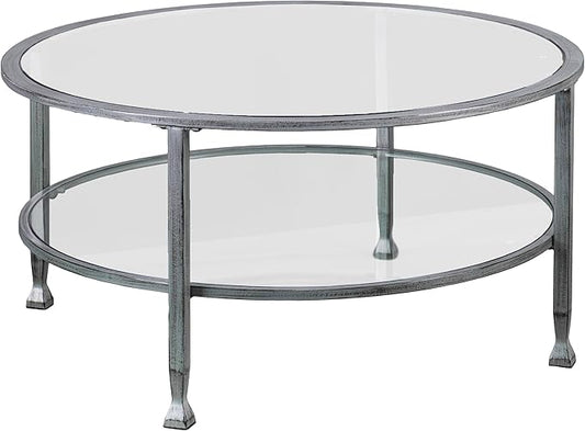 SEI Furniture Jaymes Metal & Glass 36" Round 2-Tier Coffee Table, Silver/Black Distressing