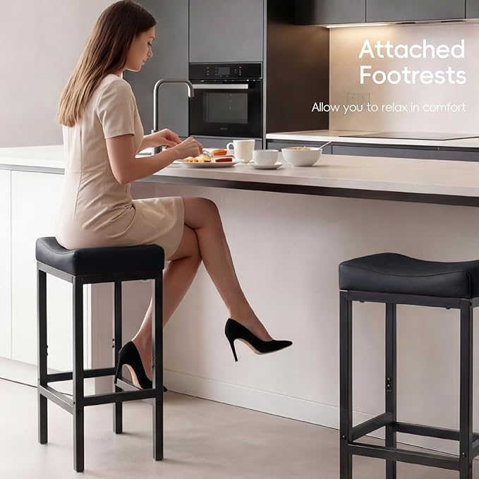 Counter Height Bar Stools Set of 2, 30 Inch Bar Stools for Kitchen Counter, Faux Leather Bar Stool, Saddle Barstool with Footrest & Heavy-Duty Metal Base, Easy Assembly, Black