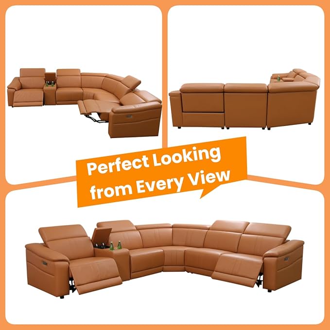 Power Recliner Sectional Couch, Breathing Leather Living Room Furniture Set, Reclining Corner Sectional Sofa with Storage Console/Cup Holders for Home/Office (Caramel, 5 Seater Couch)
