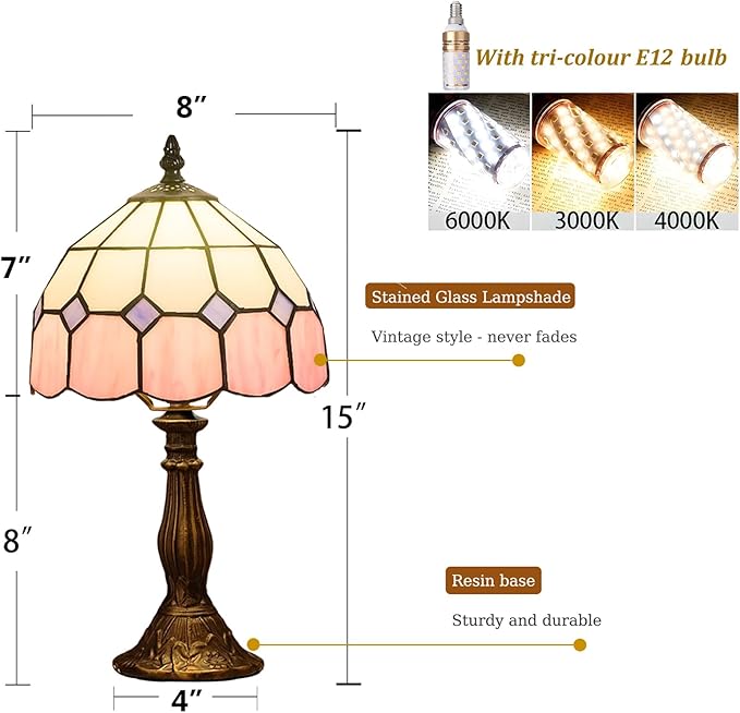 Table Lamp Tiffany-Style 8 Inch Mediterranean Series Stained Glass Lampshades Small Bedside Lamp Reading Antique Desk Light Livingroom Bedroom Office Vintage Art De(Color:Pink)