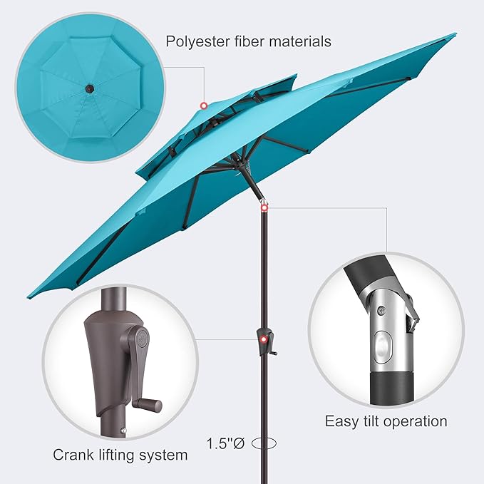 9FT Outdoor Patio Umbrella - 2 Tiers Table Umbrella Waterprool UV Protection, Sombrillas de Patio with Push Button Tilt, Sun Umbrella for Pool, Porch, Garden, Yard (Aqua Blue)