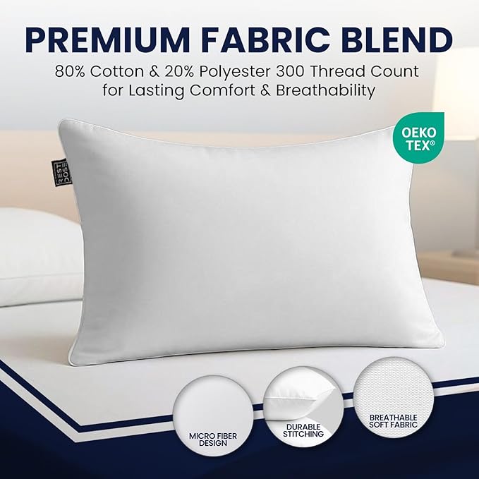 Bed Pillows for Sleeping, Set of 2 – Cooling, Hotel Quality with Soft Down Alternative Fill for Back, Stomach & Side Sleepers | White 100% Cotton King
