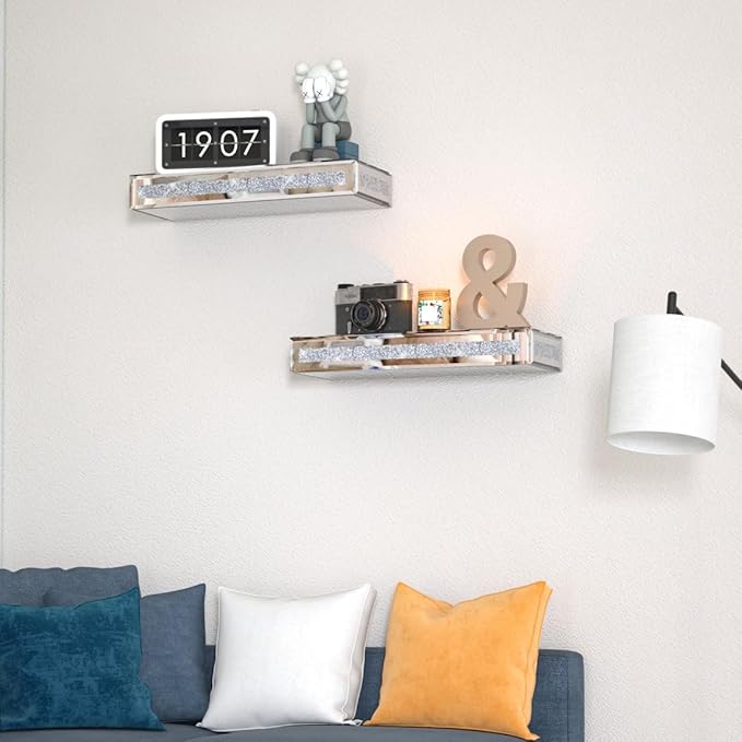 SHYFOY Mirrored Floating Shelves for Wall Decor Storage, Glitter Glass Wall Mounted Shelves for Bedroom, Living Room, Bathroom, Kitchen, Office and More, Set of 2, Silver