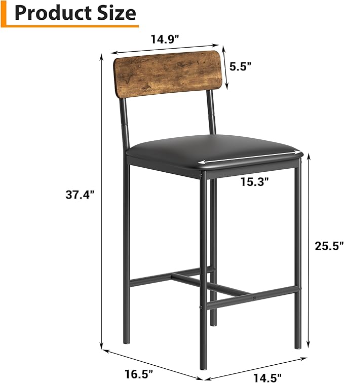 GAOMON Bar Stools Set of 2, Kitchen Bar Stools with Footrest, 25.5 Inches Upholstered Bar Chairs with Back, Counter Height Barstools for Counter Bar, Island, Easy Assembly, Rustic Brown