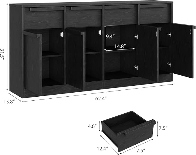 GarveeHome Sideboard Buffet Cabinet with 2 Drawers, 31.5 in Large Coffee Cabinet with Storage, Modern Storage Buffet Table for Kitchen Dining Room, Living Room (Dark, 4 Doors & 4 Drawers)