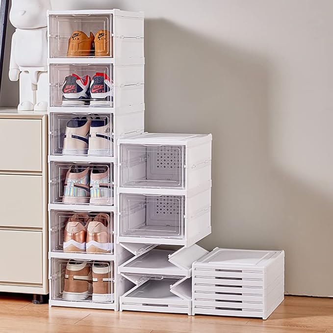 Shoe Rack Shoe Storage Box Bins Clear Collapsible Plastic Installation-Free Size up to 14, Stackable Foldable Tote with Lids Organizing Dustproof 6-Tiers