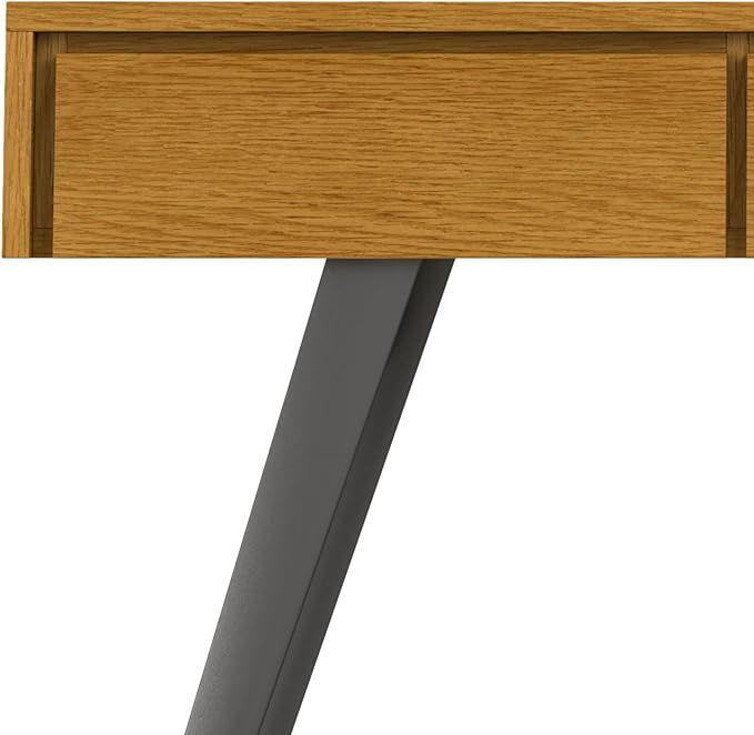 SIMPLIHOME Lowry Console Table - 60 Inch Wide Solid Oak Veneer and Metal Sofa Table in Oak, Modern Industrial Storage Table for Entryway or Living Room with 3 Drawers and Angled Metal Legs