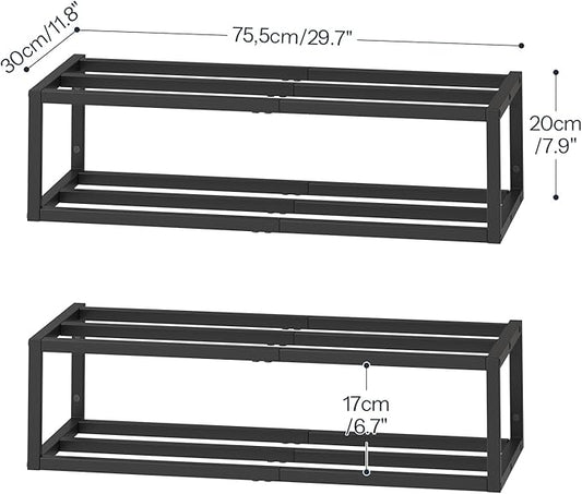 HOOBRO Wall-Mounted Shoe Rack, 2 Pack Hanging Metal Shoe Shelf, Space-Saving Shoe Storage Organizer, Holds 12-16 Pairs, Shoe Holder for Entryway, Closet, Small Spaces, Black BK44XJP201
