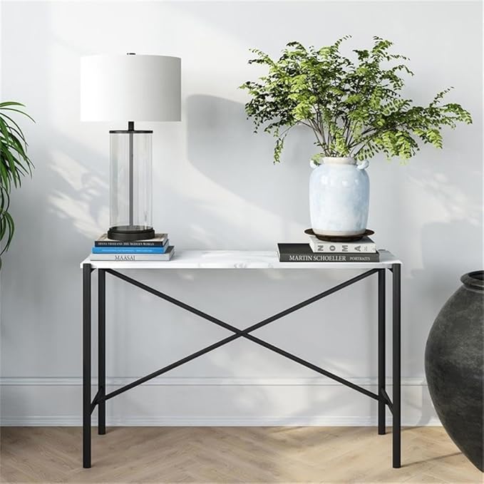 Braxton 46'' Wide Rectangular Console Table with Faux Marble Top in Blackened Bronze