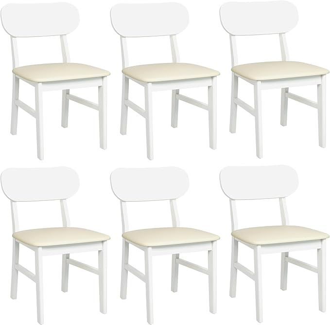 Farmhouse Dining Chairs Set of 6, Solid Wood, Modern Leather Upholstered Kitchen Chairs, Side Seating for Kitchen, Dining Room, Living Room, Home Office, Terrace, 350LBS Capacity, White