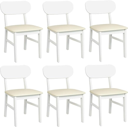 Farmhouse Dining Chairs Set of 6, Solid Wood, Modern Leather Upholstered Kitchen Chairs, Side Seating for Kitchen, Dining Room, Living Room, Home Office, Terrace, 350LBS Capacity, White