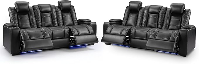 ANJ Modular Power Recliner Set: 5-Seat Home Theater Seating with 2 Loveseats (Center Console & Fixed Middle), LED Lights, USB Charging, Faux Leather for Living Room (Black)