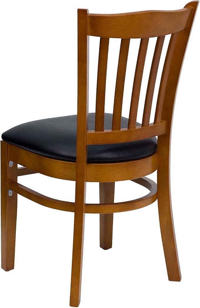 Flash Furniture 2 Pk. HERCULES Series Vertical Slat Back Cherry Wood Restaurant Chair - Black Vinyl Seat