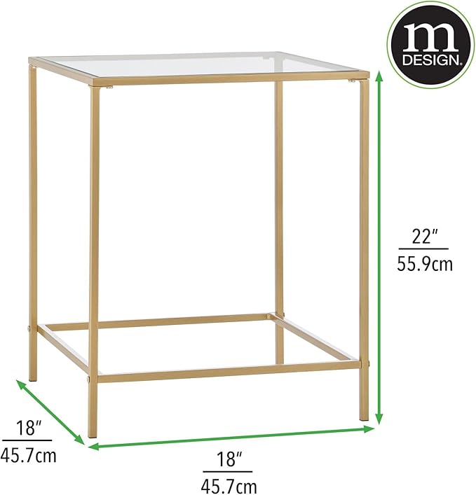 mDesign Glass Top Side/End Table - Small Minimalistic Square Geometric Accent Metal Nightstand Furniture for Living Room, Dorm, Home Office, and Bedroom - Soft Brass