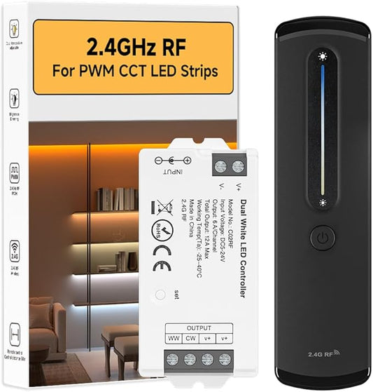 BTF-LIGHTING RC08RFB & C02RF Dual White RF 2.4GHz Wireless Tuya Controller Kit Dim Brightness/Color Temperature,Touch Slide Control for PWM (+ CW WW) 3PIN SMD FCOB CCT LED Strip DC5V DC12V DC24V