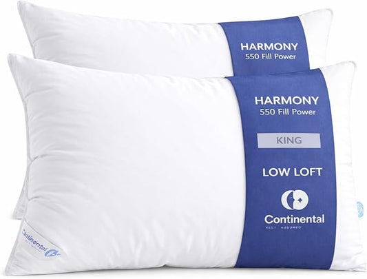 Continental Bedding Harmony White Goose Down Pillow 550 Fill Power Soft Loft 100% Cotton 300 Thread Count Shell King Size 2 Pack Made in USA