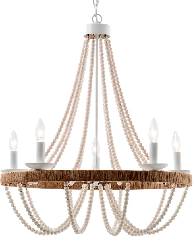 Wood Beaded Chandelier 5 Lights Boho Candle French Country Farmhouse Chandelier Bohemia Pendant Light for Living Room Dining Room Kitchen Foyer, Distressed White, Dia 26”