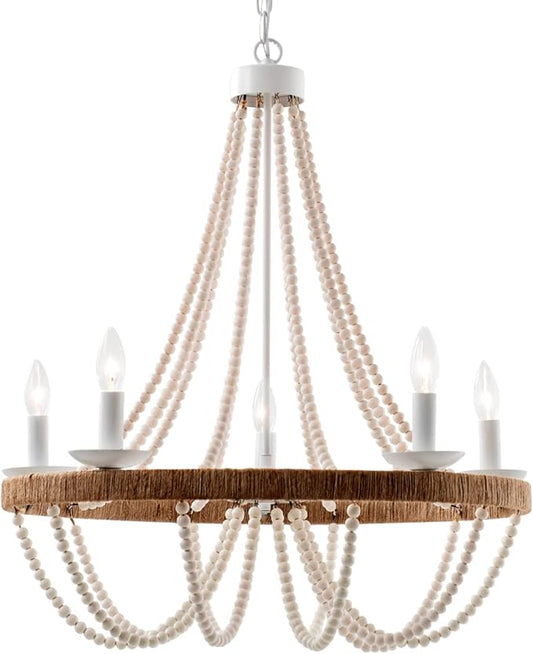Wood Beaded Chandelier 5 Lights Boho Candle French Country Farmhouse Chandelier Bohemia Pendant Light for Living Room Dining Room Kitchen Foyer, Distressed White, Dia 26”