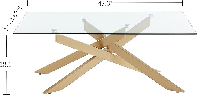 Gold Coffee Table for Living Room, Modern Glass Coffee Table with 47" Tempered Glass Top and Metal Tubular Legs for Small Space, Apartment, Office