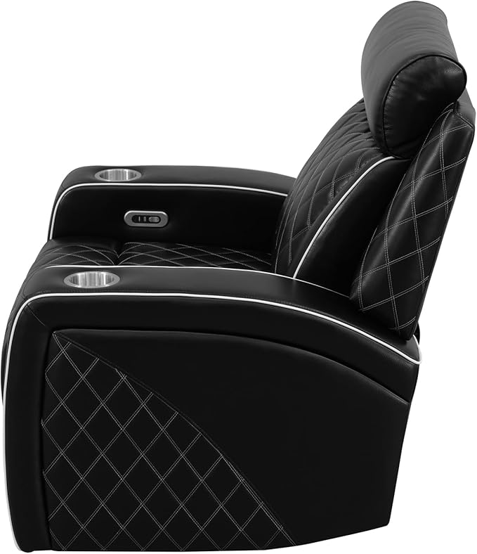 Power Leather Recliner Chair Sofa, Living Room Furniture Sets, Breathing Leather Reclining Couch Chair, Luxury Single Black Recliner with Cup Holder/Charging Port/LED for Home Theater/Office