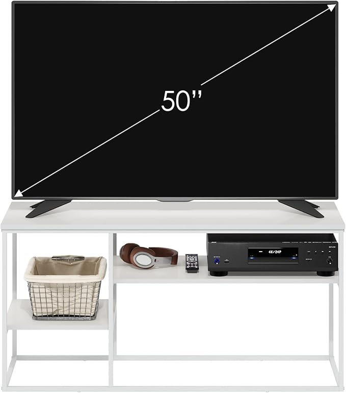 Furinno Moretti TV Stand, 3-Tier Metal Frame Modern Entertainment Center, Open Shelf TV Console for TV up to 45 Inch, for Living Room, Bedroom, Solid White