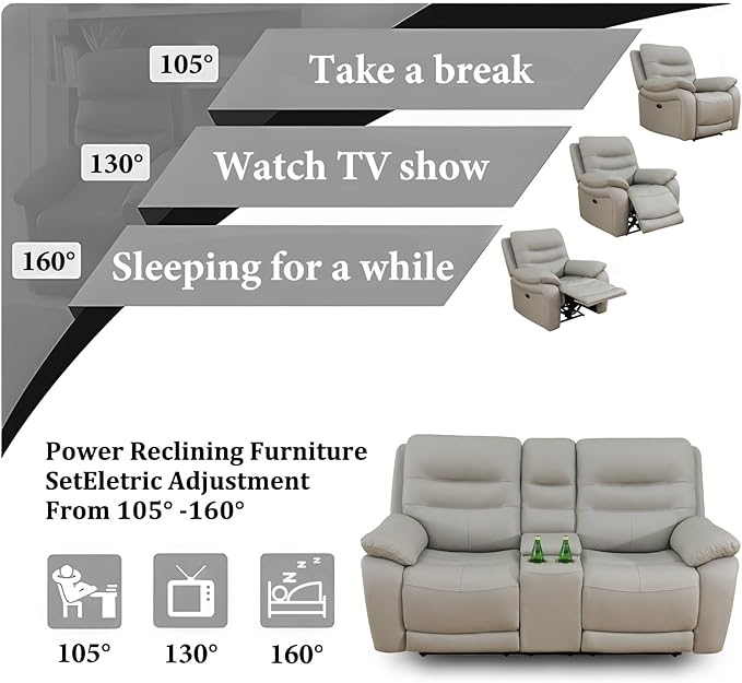 Power Reclining Sofa, 3-Seater Genuine Leather Recliner Couch, Light Grey Top Grain Leather Sofa with USB Port for Living Room, Apartment, Office