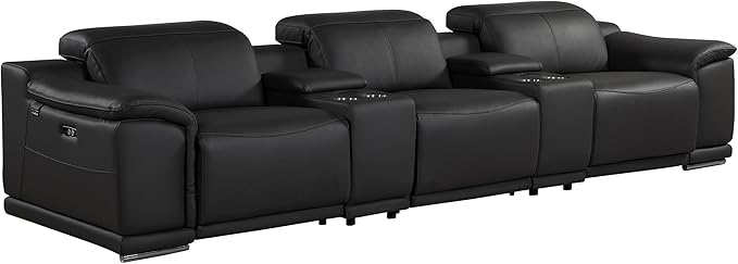 BlackJack Furniture Venice Top Grain Italian Leather Power Recline 8 Piece 5 Seater Sofa - 134" Theater Seating Modern Couch for Living Room Apartment with Adjustable Headrests & USB Port, Black