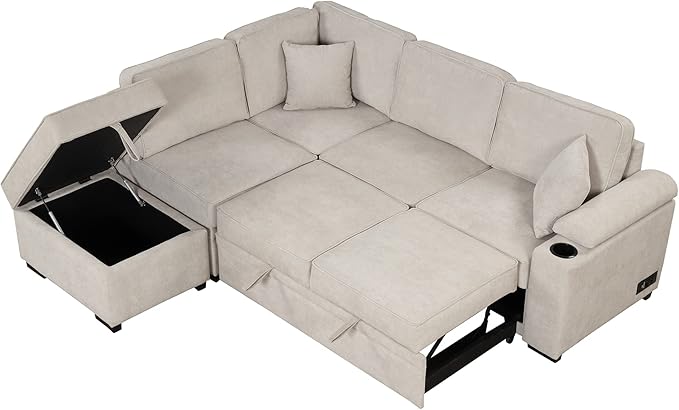 Merax Sofa Bed Sleeper Couch L Shaped Sofa with Storage Ottoman and Cup Holder, L-Shape Sectional Couch with Comfortable backrest and Charging Function for Living Room and Small Apartment (Beige)