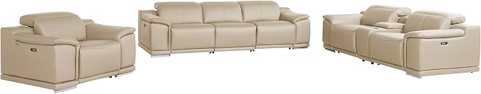 Blackjack Furniture Venice Top Grain Italian Leather Recliner 7 Seater 6 Power Reclining 3 Piece Sofa Set with Adjustable Headrests Modern Seating Sofa, Loveseat and Chair for Living Room , Beige