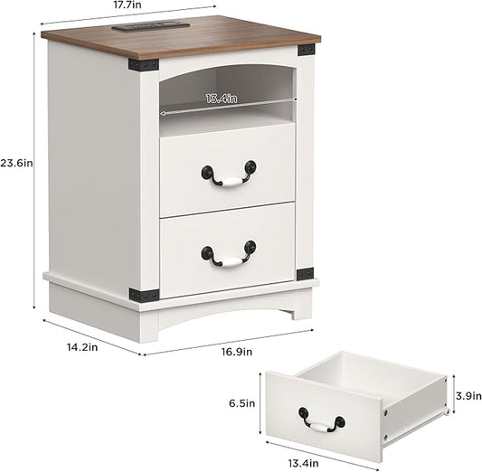 Maupvit Farmhouse Nightstands Set of 2 with Charging Station & Ceramic Handle, Wood Night Stand with 2 Storage Drawers, LED End Tables Living Room, Bedside Table for Bedroom, Antique White