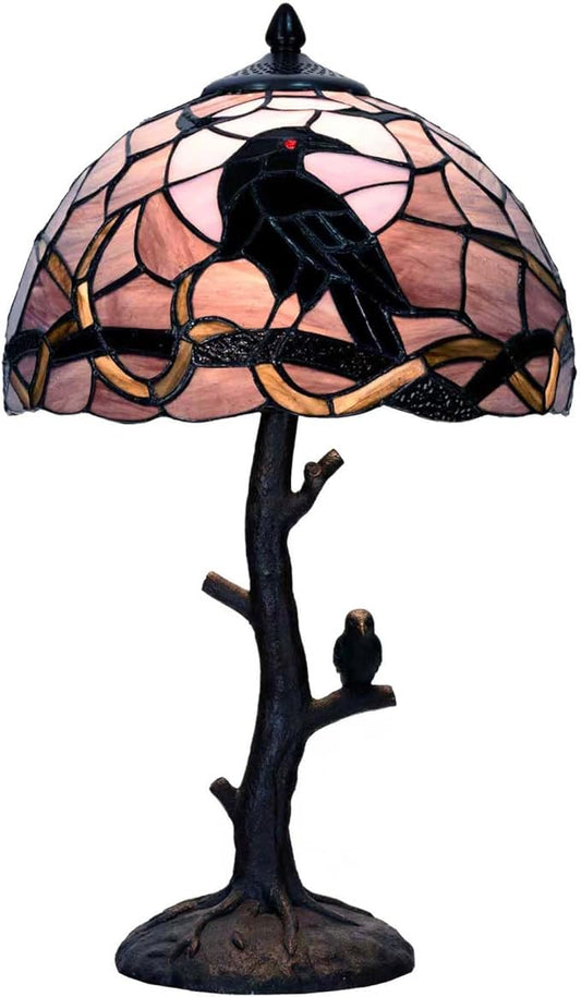 Bieye L12024 Raven Sitting on Bare Tree Branch in Full Moon Night Tiffany Style Stained Glass Table Lamp for Home Decor (Dark Purple, 12Wx20H)