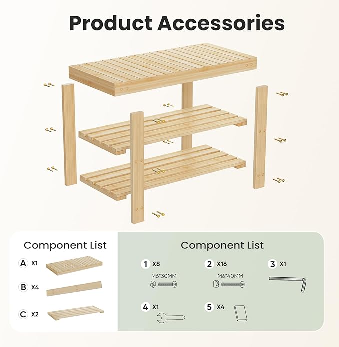 DUMOS Shoe Rack Bench, 3-Tier Bamboo Entryway Benches, Holds Up to 286 lb Storage Organizer, 11.3 x 27.6 x 17.8 Inches, Suitable for Bedroom Living Room Balcony, Classical Wood