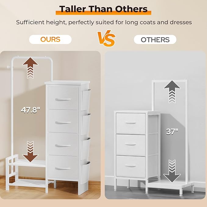 Dresser with Hanging Rack - 52" Tall Clothes Rack with Drawers, 4 Drawers & 4 Side Bags, Fabric Chest of Drawers with with Bottom Shelves, Kids Dresser for Bedroom, Living Room-White