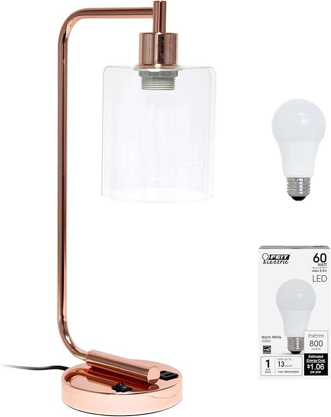 Simple Designs LD1066-RGD-LB Industrial Vintage Bronson Iron Lantern Desk Table Lamp with USB Port and Glass Cylinder Shade for Office, Living Room, Bedroom, Rose Gold, with Feit LED Bulb Included