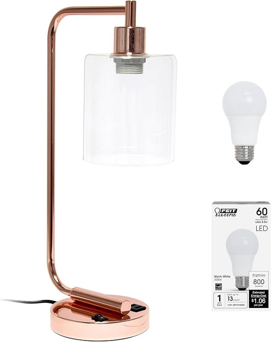 Simple Designs LD1066-RGD-LB Industrial Vintage Bronson Iron Lantern Desk Table Lamp with USB Port and Glass Cylinder Shade for Office, Living Room, Bedroom, Rose Gold, with Feit LED Bulb Included
